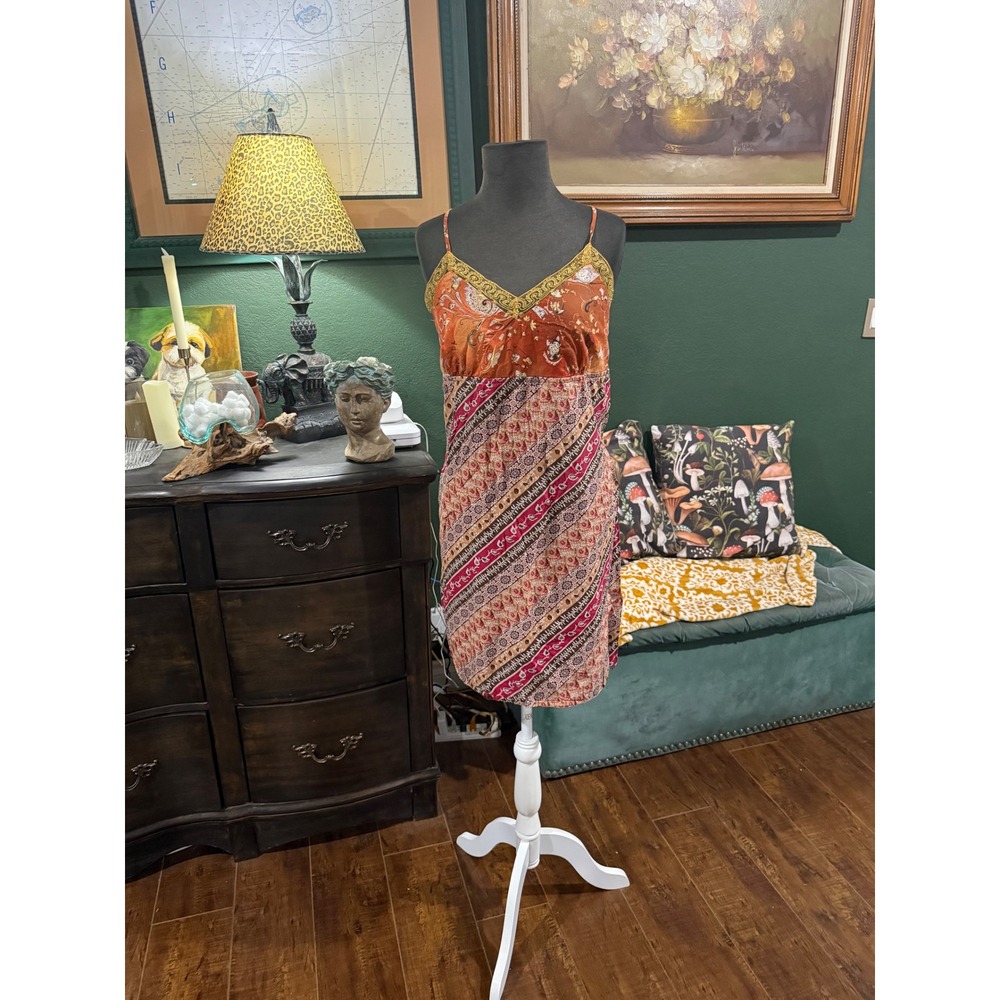 Boho‎ Paisley Floral Print Mini Dress Orange Red Gold V-Neck Sleeveless Small
